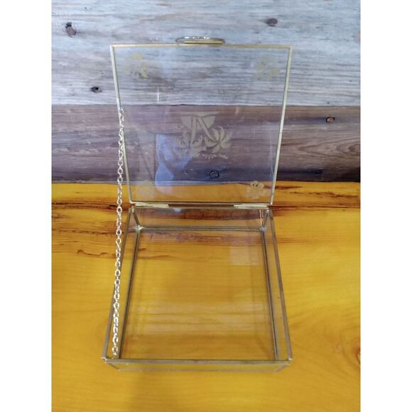 Trinket Box Handmade Glass and Brass Etched Lid Vintage Decor 6" L x 6" W Gift - Picture 3 of 7